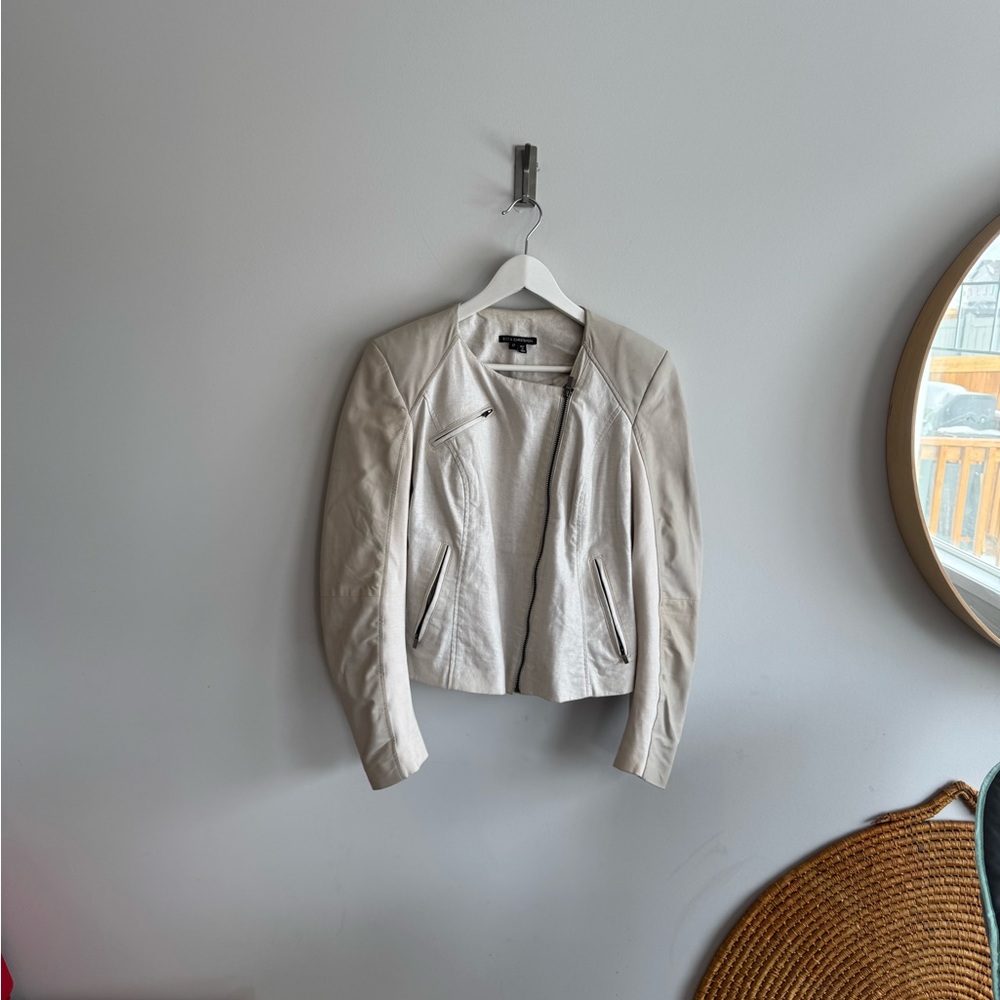 Bod & Christensen Cream Leather Moto Jacket with Standing Collar